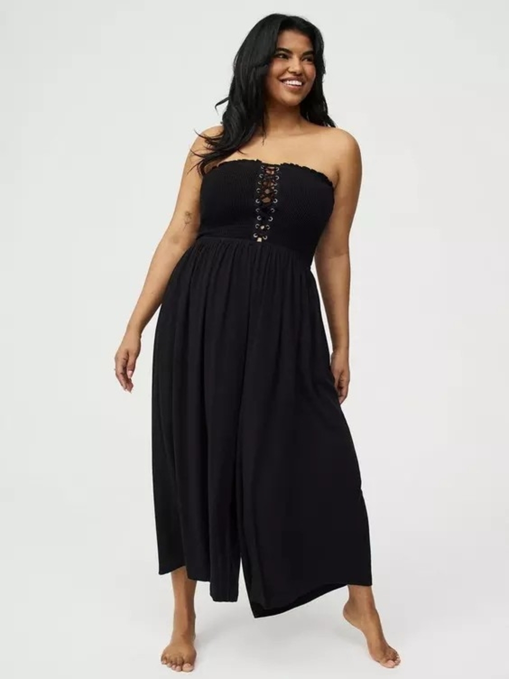 torrid Black Strapless Lace-Up Wide-Leg Jumpsuit